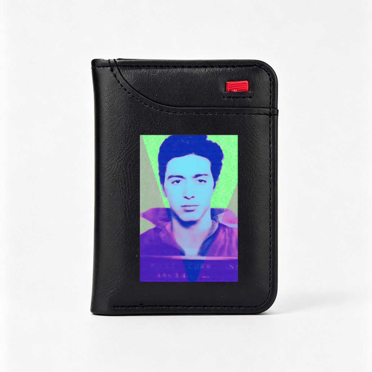 A stylized portrait of a man with vibrant, colorful lighting and geometric overlays. - Vertical Style Wallet