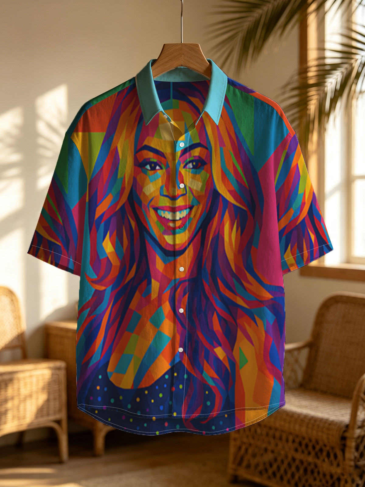 Colorful Portrait of a Smiling Woman with Vibrant Geometric Patterns -  Shirt