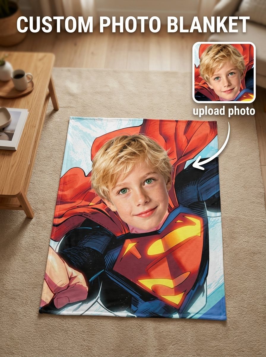 Custom Face Photo Blanket Personalized Superhero Flannel Throw Ultra Soft Fleece for Kids and Adults Ideal Cozy Gift