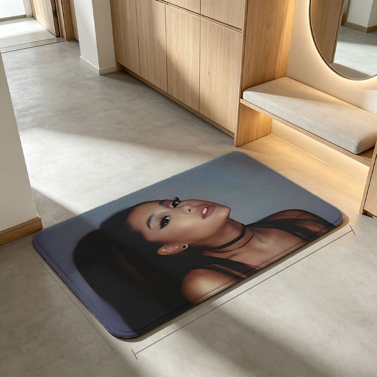 Ariana Grande in a dramatic pose with bold makeup and a black choker, set against a soft gradient background. - Flannel floor mat