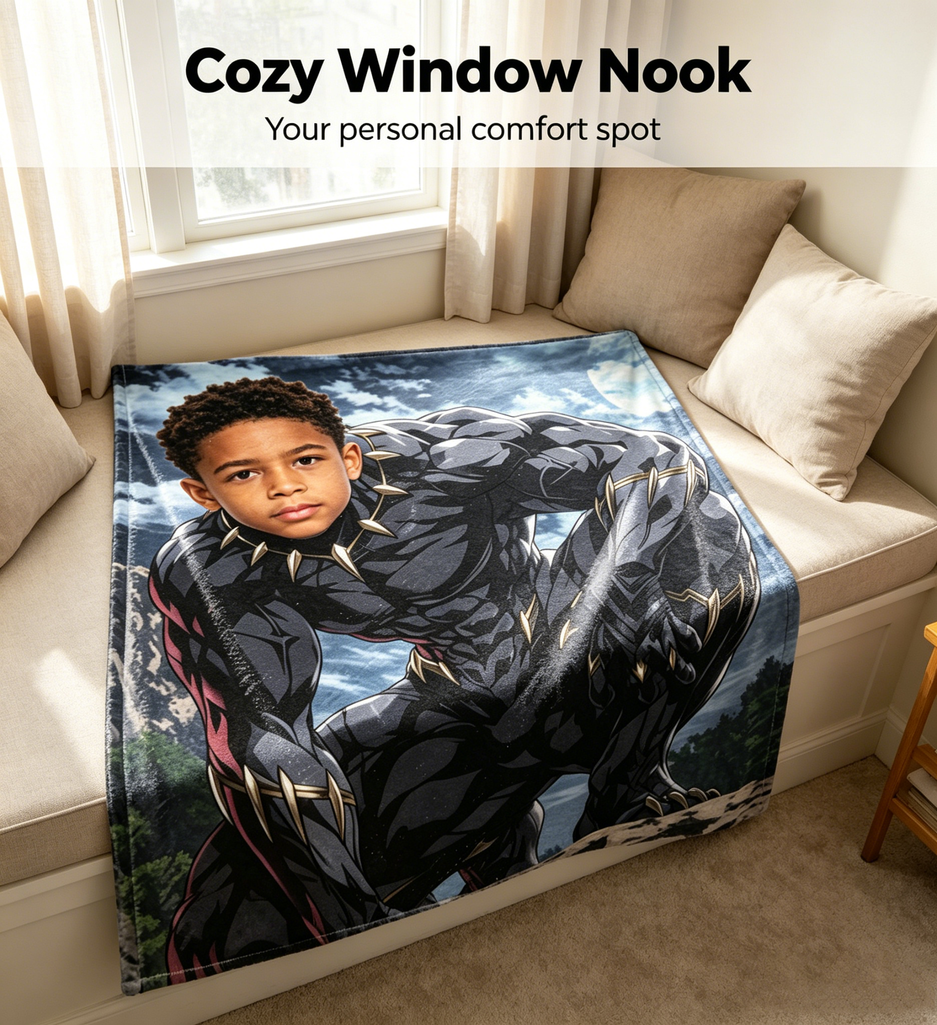 DIY Custom Face Black Panther Blanket, Wild Mountain Theme Upload Kid Photo Personalized Fleece Throw Blanket for Boys