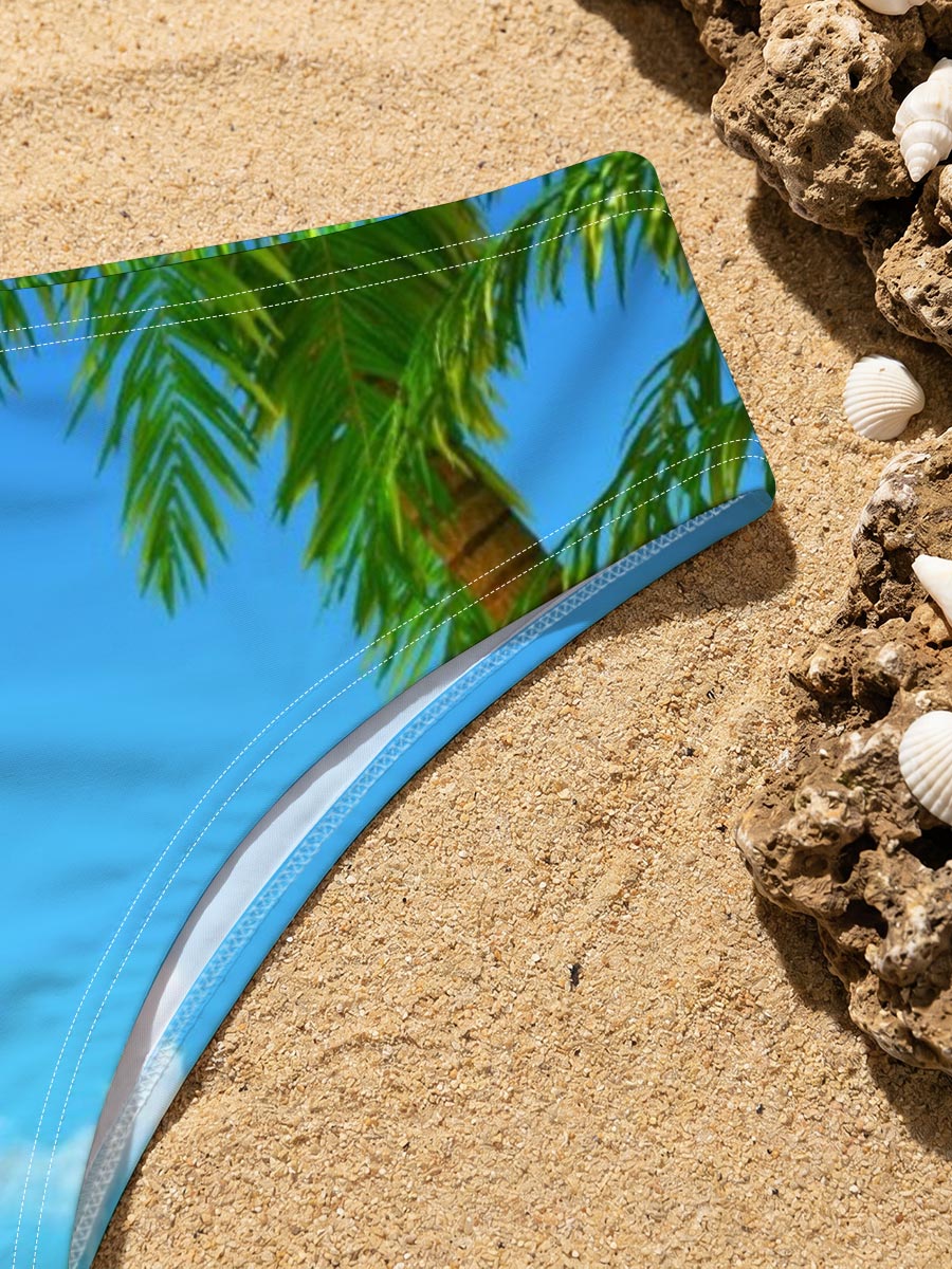 Tropical Beach with Palm Tree and Clear Blue Sky -  Men's swim trunks