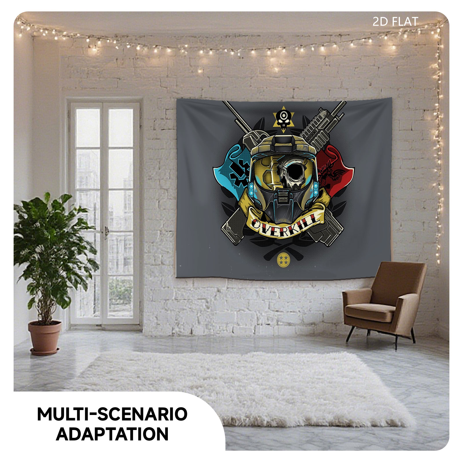 Overkill: Tactical Skull with Crossed Guns and Flags - Tapestry