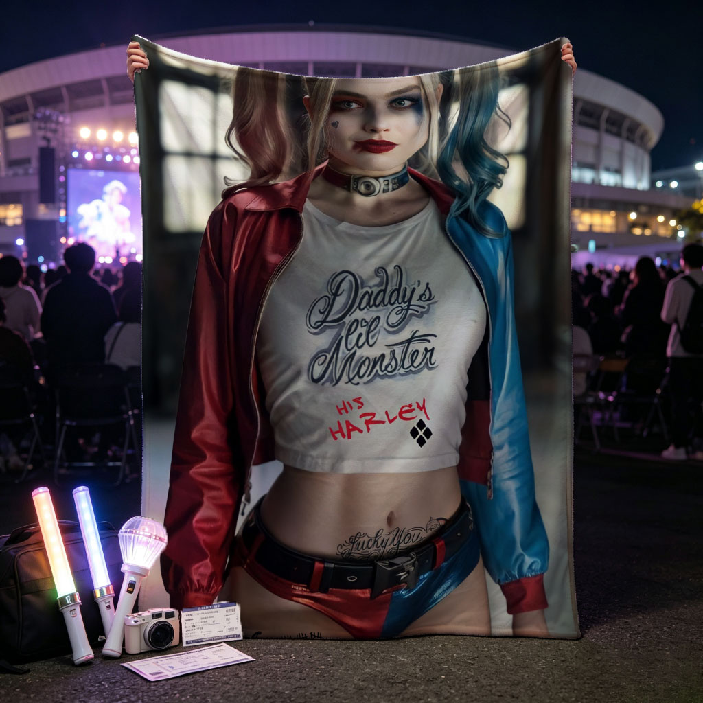 Margot Robbie as Harley Quinn in Suicide Squad - Iconic Costume and Bold Makeup Portrait - Blankets