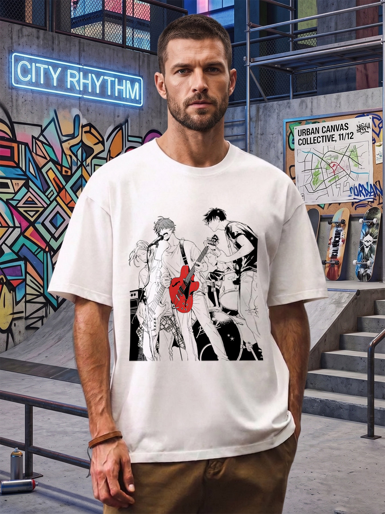 Men's Printed T-Shirt Rock Band Guitar Design Black and Red Graphic Casual Round Neck Summer Lightweight Breathable Short Sleeve Tee for Music Lovers and Rock Fans