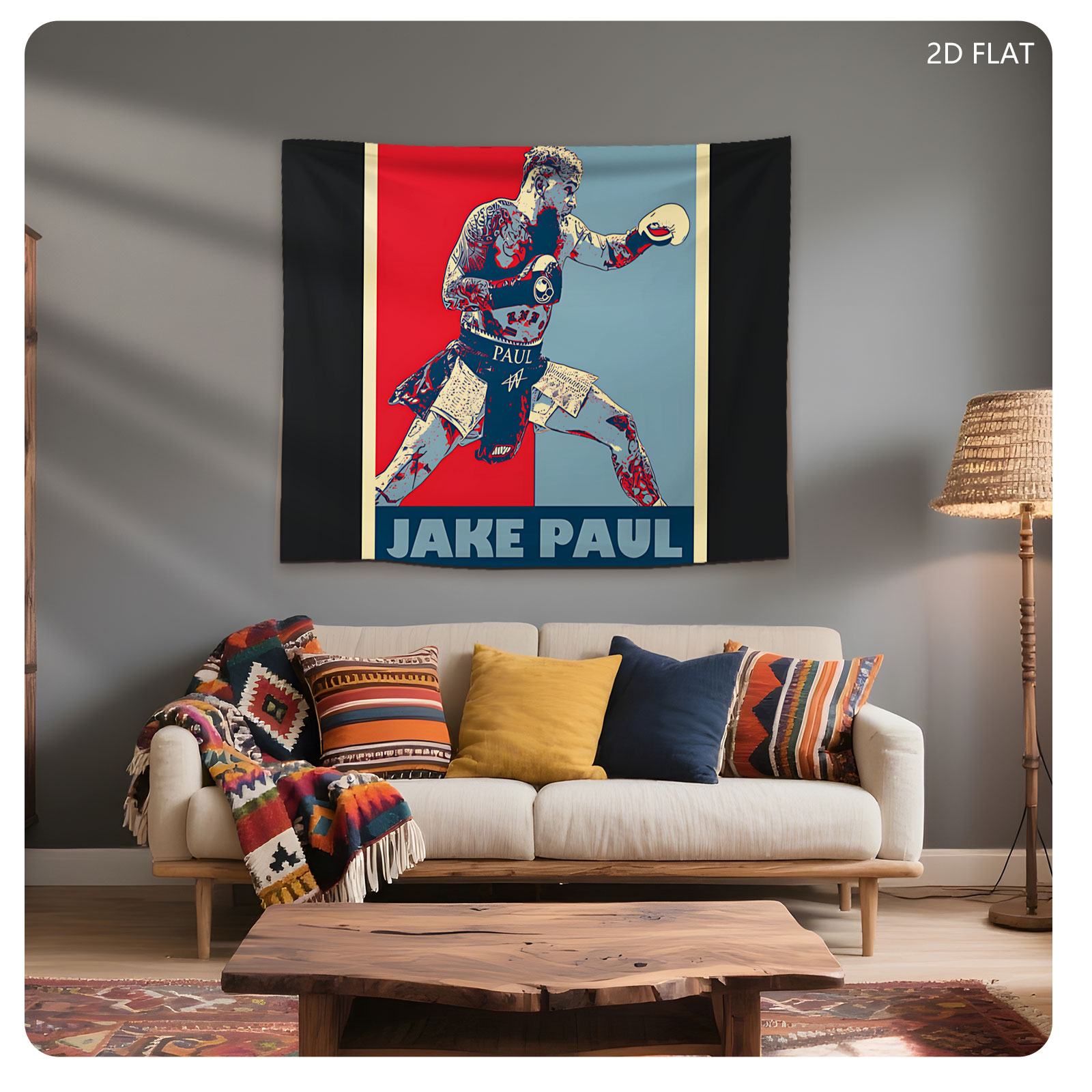 Jake Paul in Boxing Pose, Bold Red and Blue Background, Tattooed Fighter, 