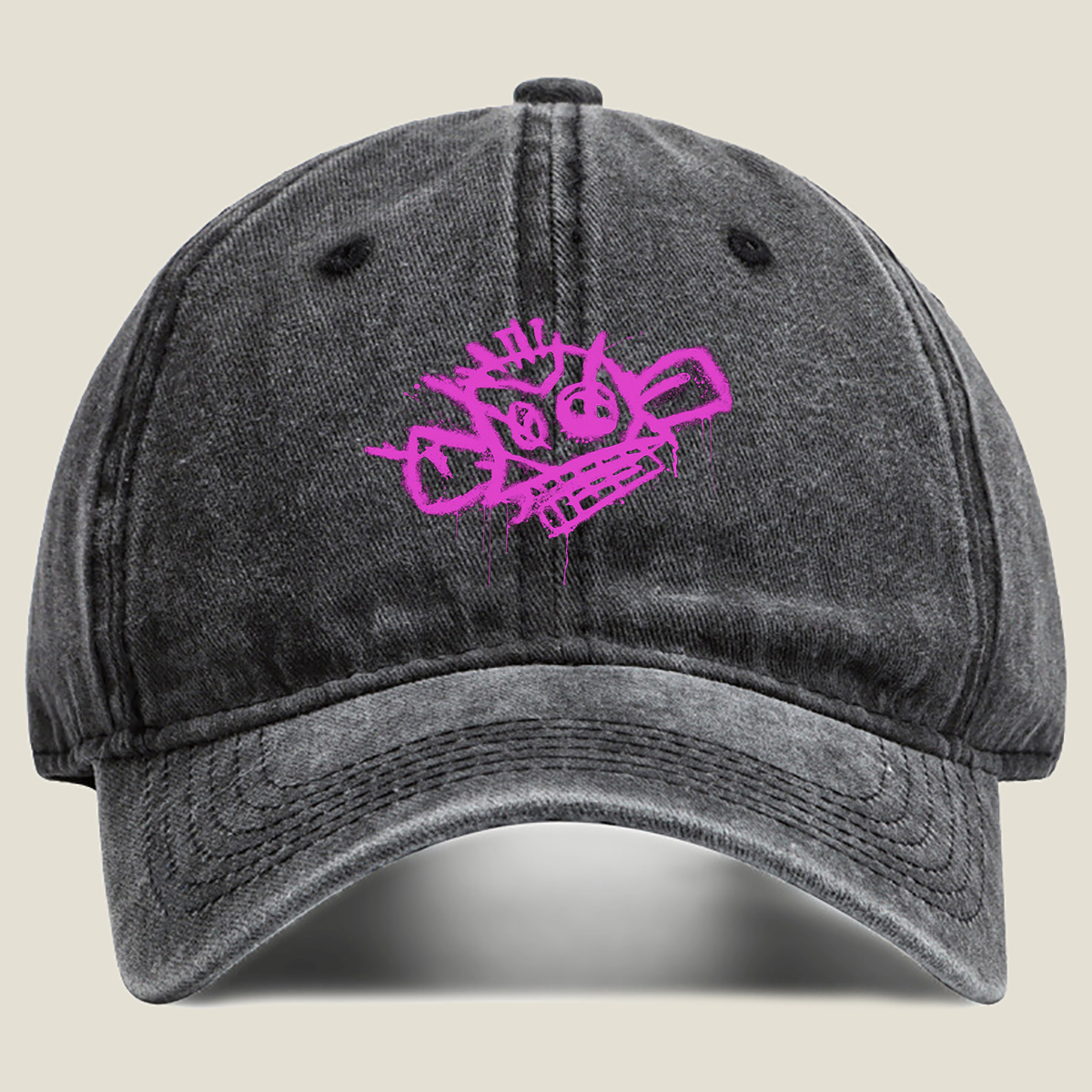 Graffiti-style pink skull with crown and crossbones on black background - Washed Denim - Baseball Cap