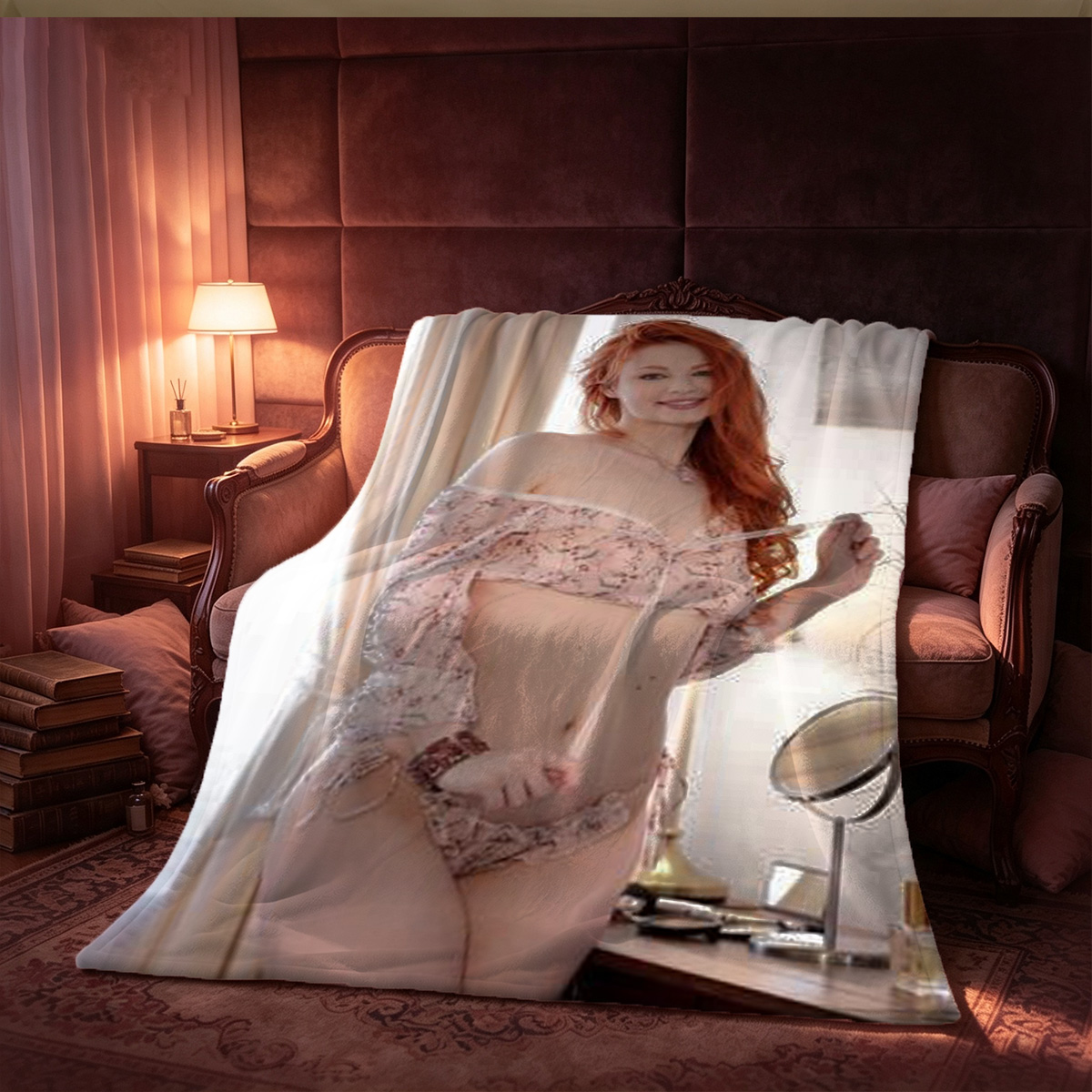 A woman in green lace lingerie sitting on a bed by the window. - Blanket