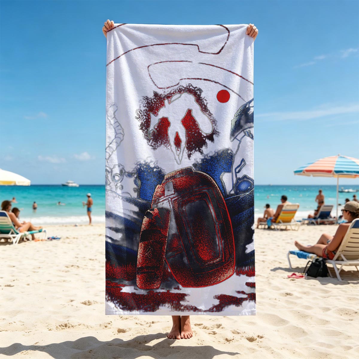 Red Planet Encounter: Alien Silhouette and Cosmic Artifacts - Beach towels