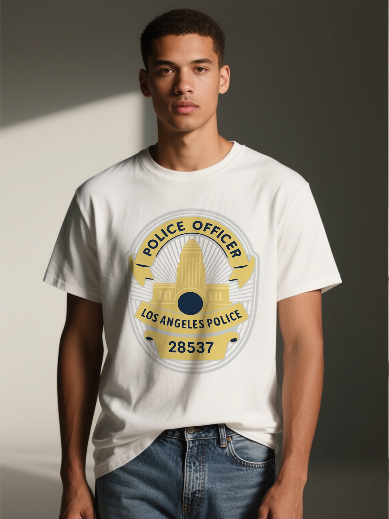 Men's Police Officer Badge Print T-Shirt Los Angeles Police 28537 Graphic Crewneck Summer Lightweight Breathable Casual Short Sleeve Tee for Law Enforcement Enthusiasts and Fans of Classic Americana Design