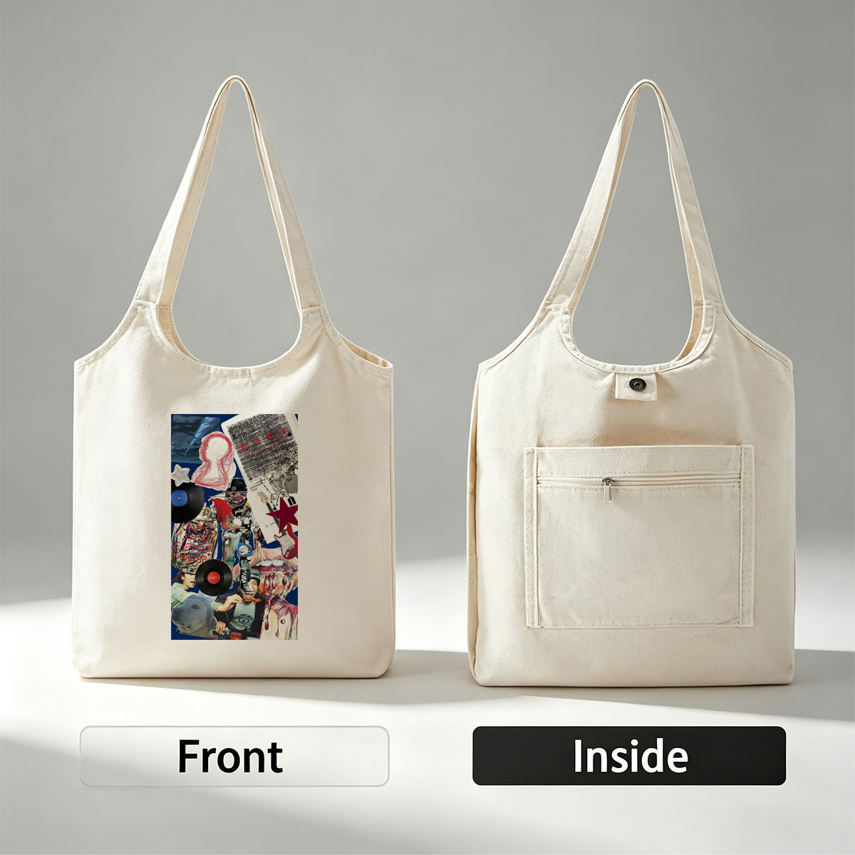 BTS Music Collage Featuring Vinyl Records, Guitars, and Artistic Elements - Canvas shoulder bags/