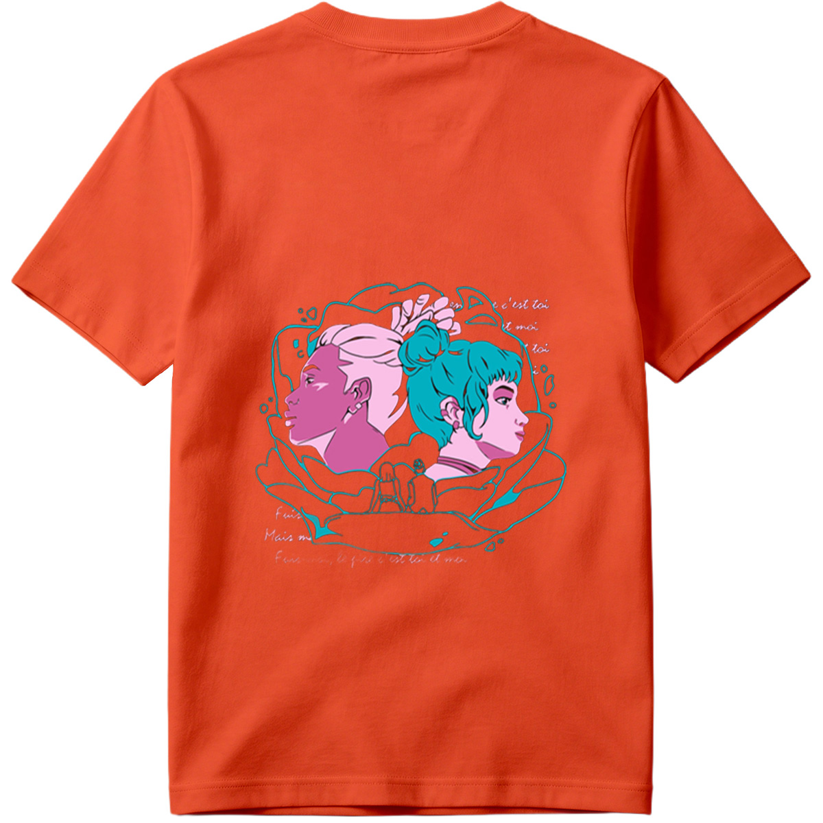Two Women in Profile: A Stylized Artwork Featuring Pink and Teal Hair with French Text - Tee