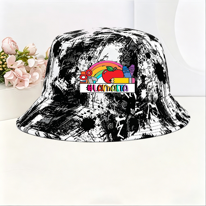 Unisex Classic Graffiti Bucket Hat with Rainbow Apple Crayon Scissors Print #LAMAAETA - Perfect for Casual Outings, School Events, and Art Activities - Ideal for Teens and Adults Who Love Creative Streetwear Style