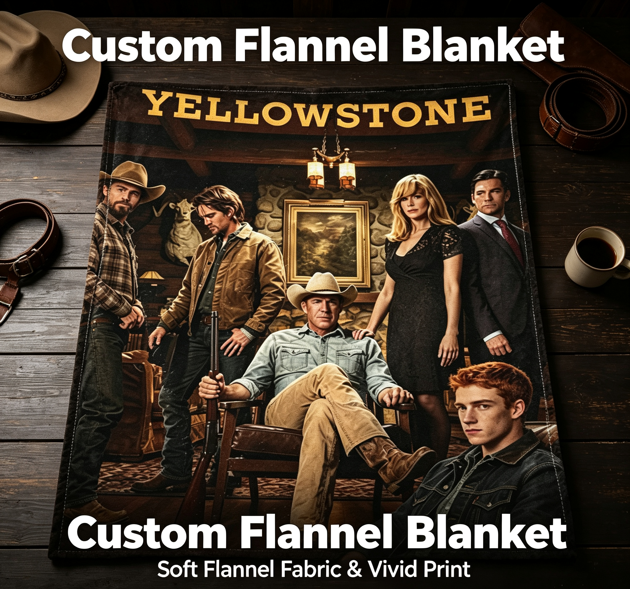 Custom Face Blanket Yellowstone TV Series Flannel Blanket for Couch or Bed Cozy Gift for Fans and Collectors