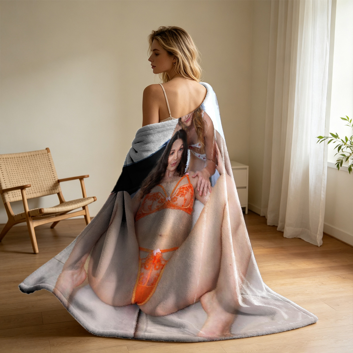 Nude Emma Watson lying on dining table stretching playfully. - Blanket