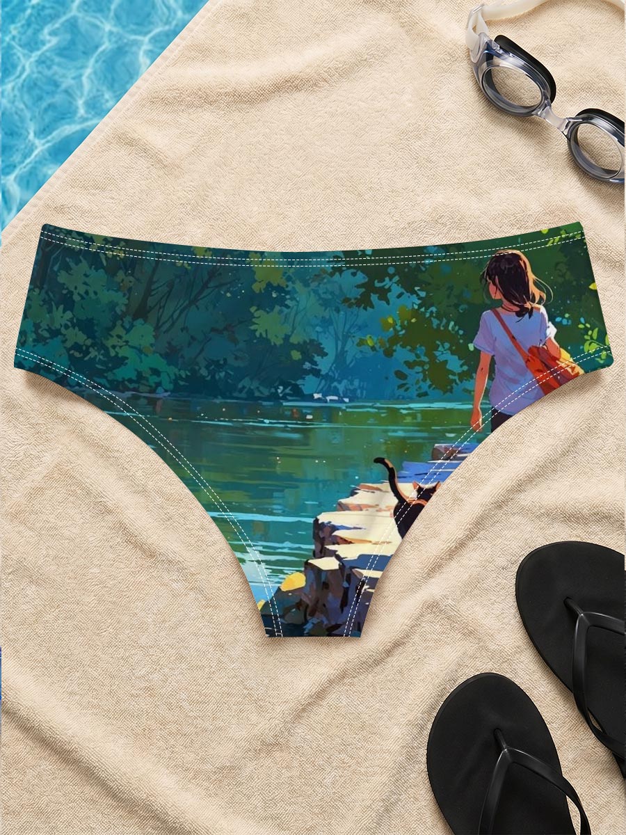 Girl and cat walking by a serene lakeside path -  Men's swim trunks