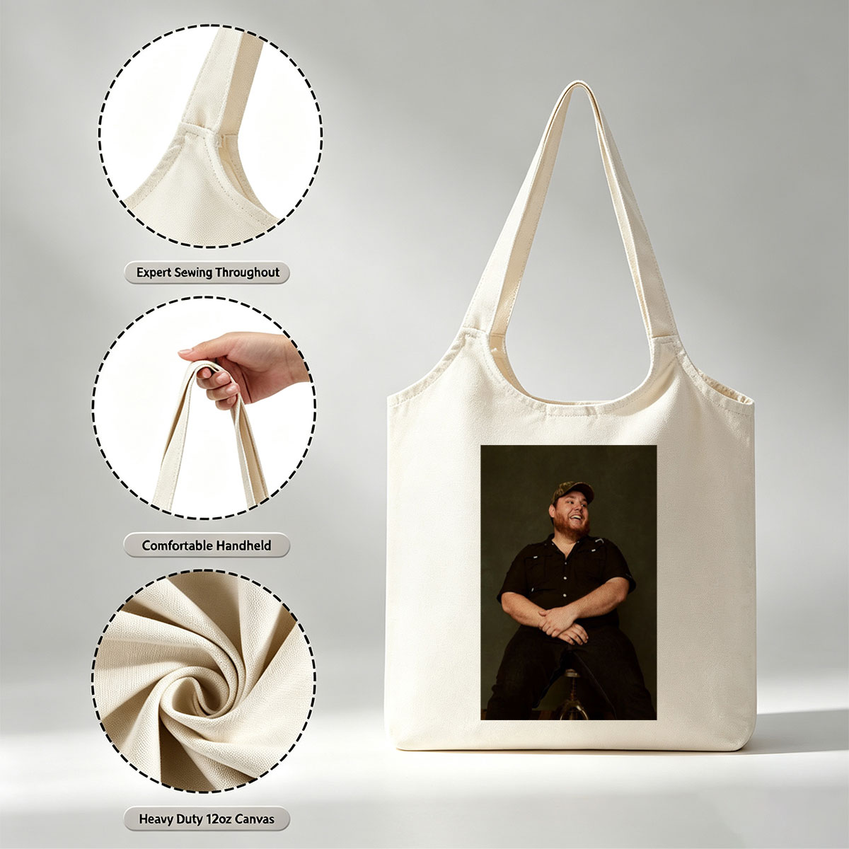 Luke Combs Sitting on a Stool Laughing in a Black Shirt and Cap - Canvas shoulder bags/