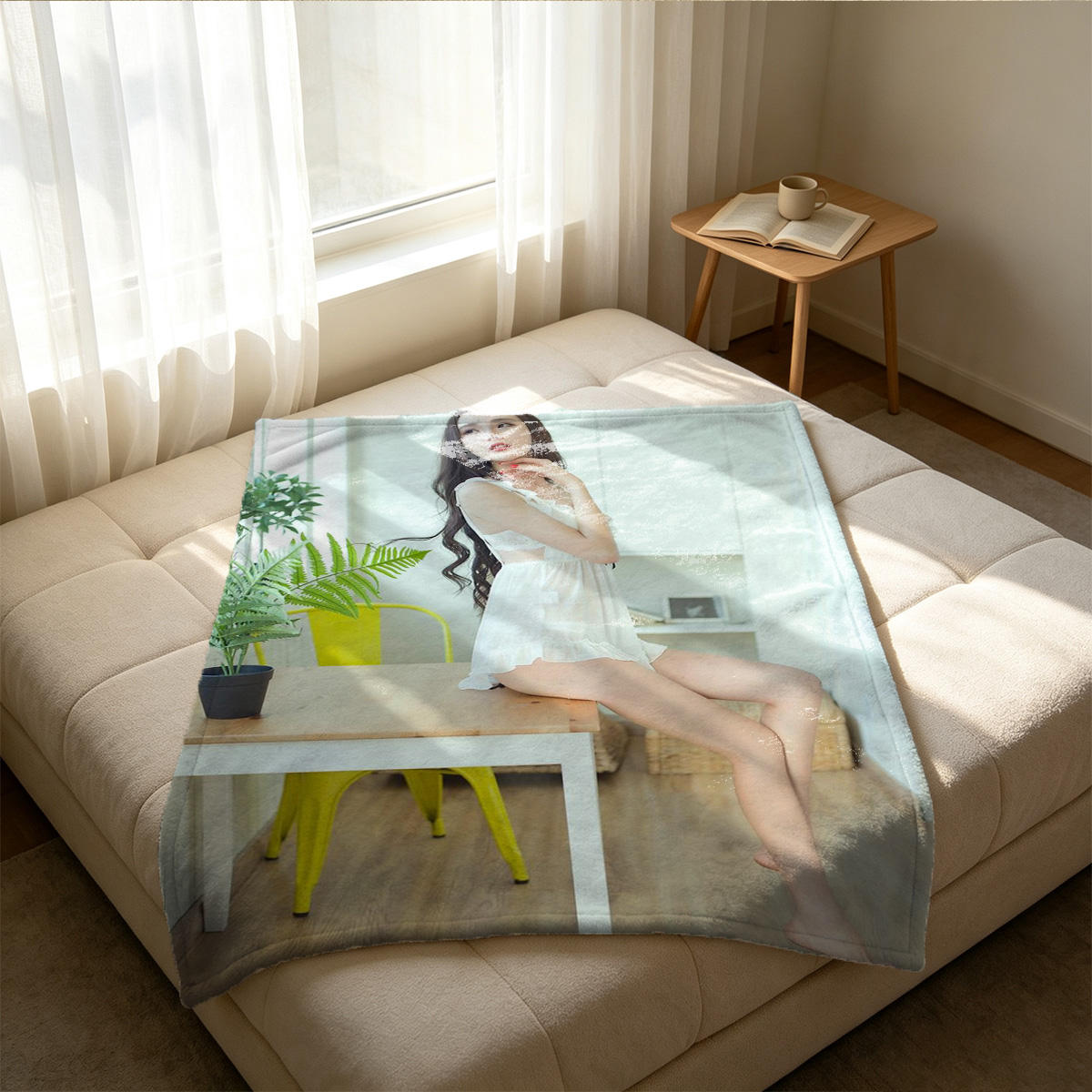 Nude Japanese AV idol in sunlight by the window - Blanket