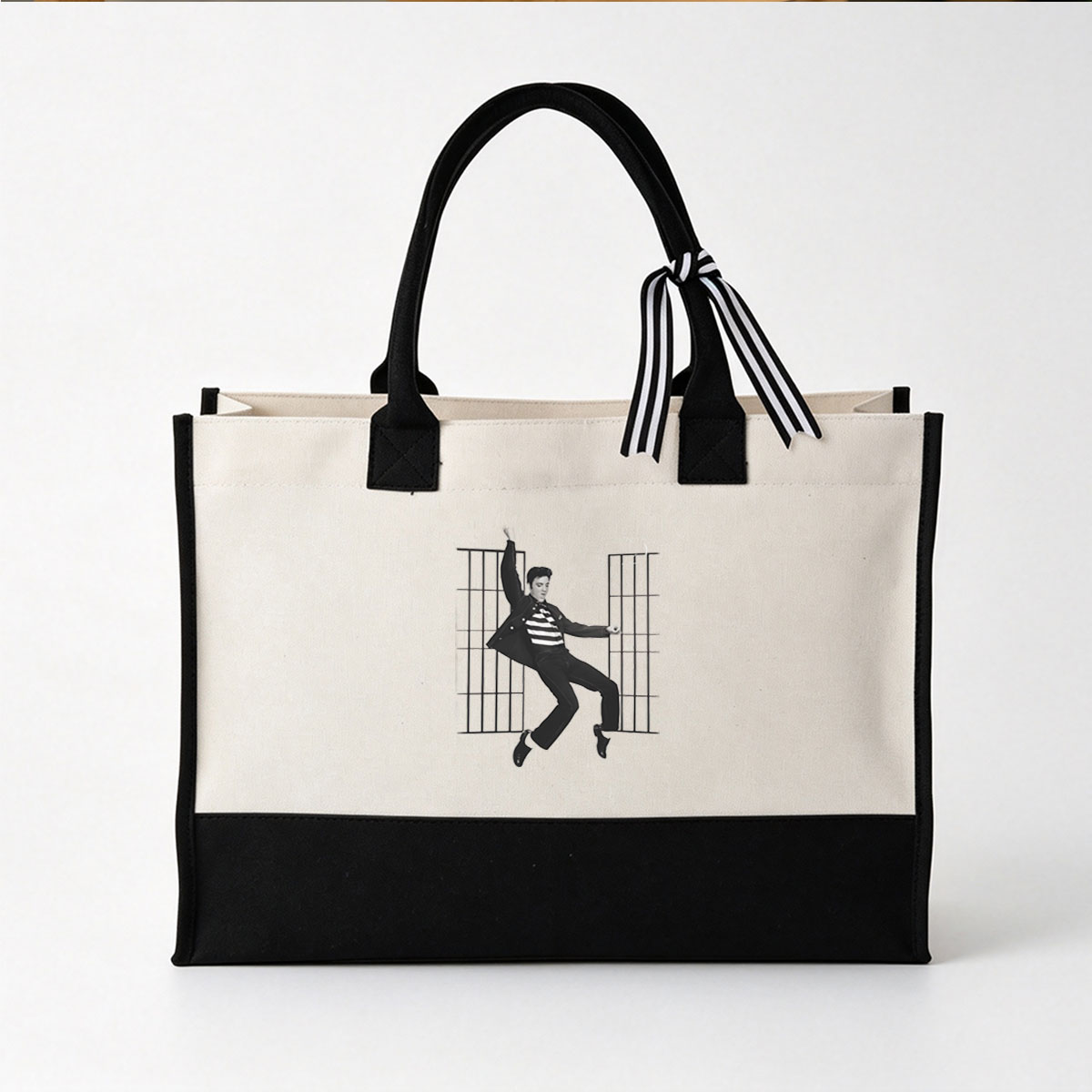 Elvis Presley in Jailhouse Rock Pose with Bars Background - Canvas patchwork gift tote bag