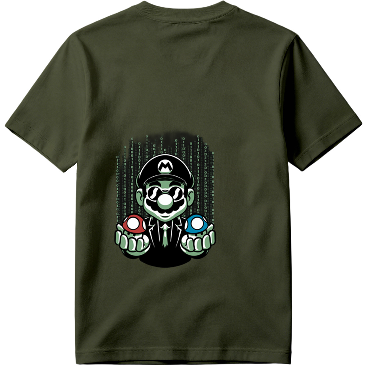 Mario in Matrix Code with Red and Blue Mushrooms - Tee