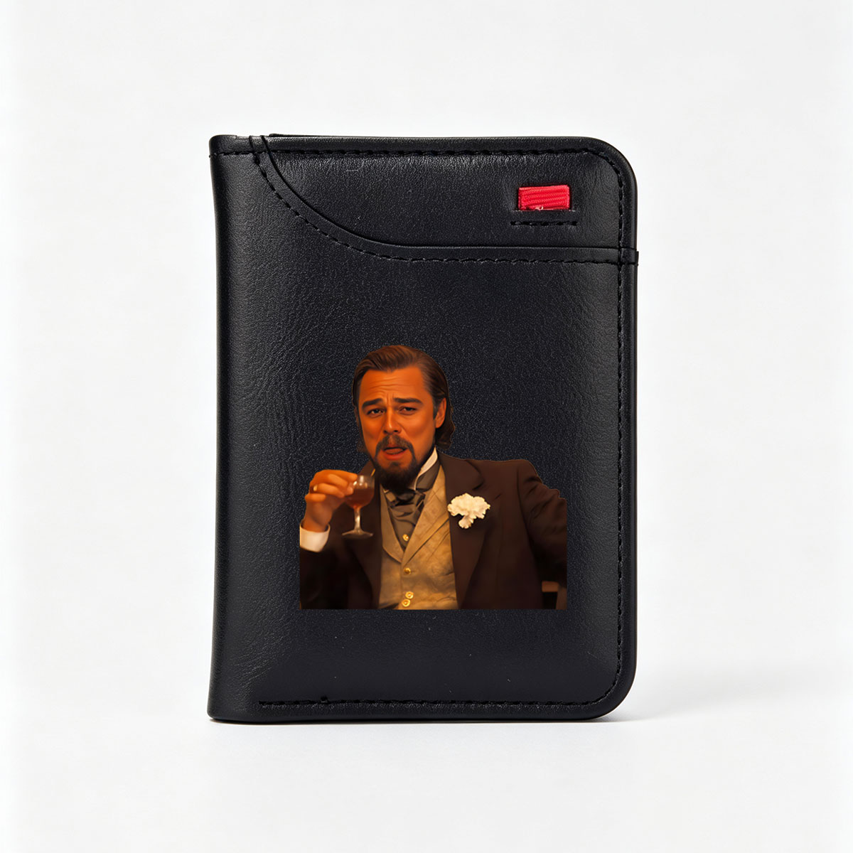 Leonardo DiCaprio in a formal suit with a white flower, holding a glass of wine - Vertical Style Wallet