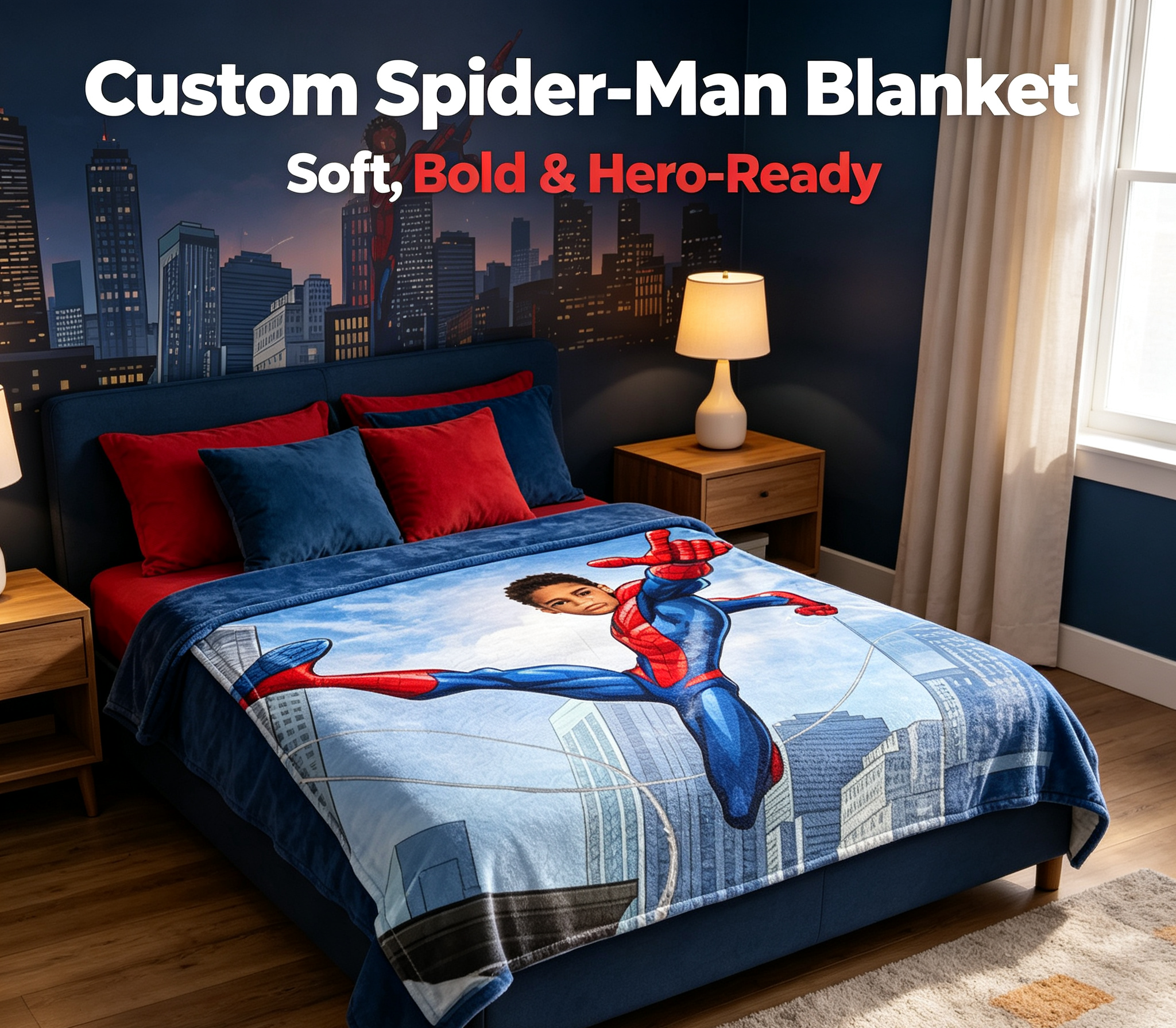 Custom Spider-Man Photo Blanket, Personalized Superhero Fleece Throw for Kids, Custom Face Blanket Unique Birthday Gift for Boys and Spider-Man Fans