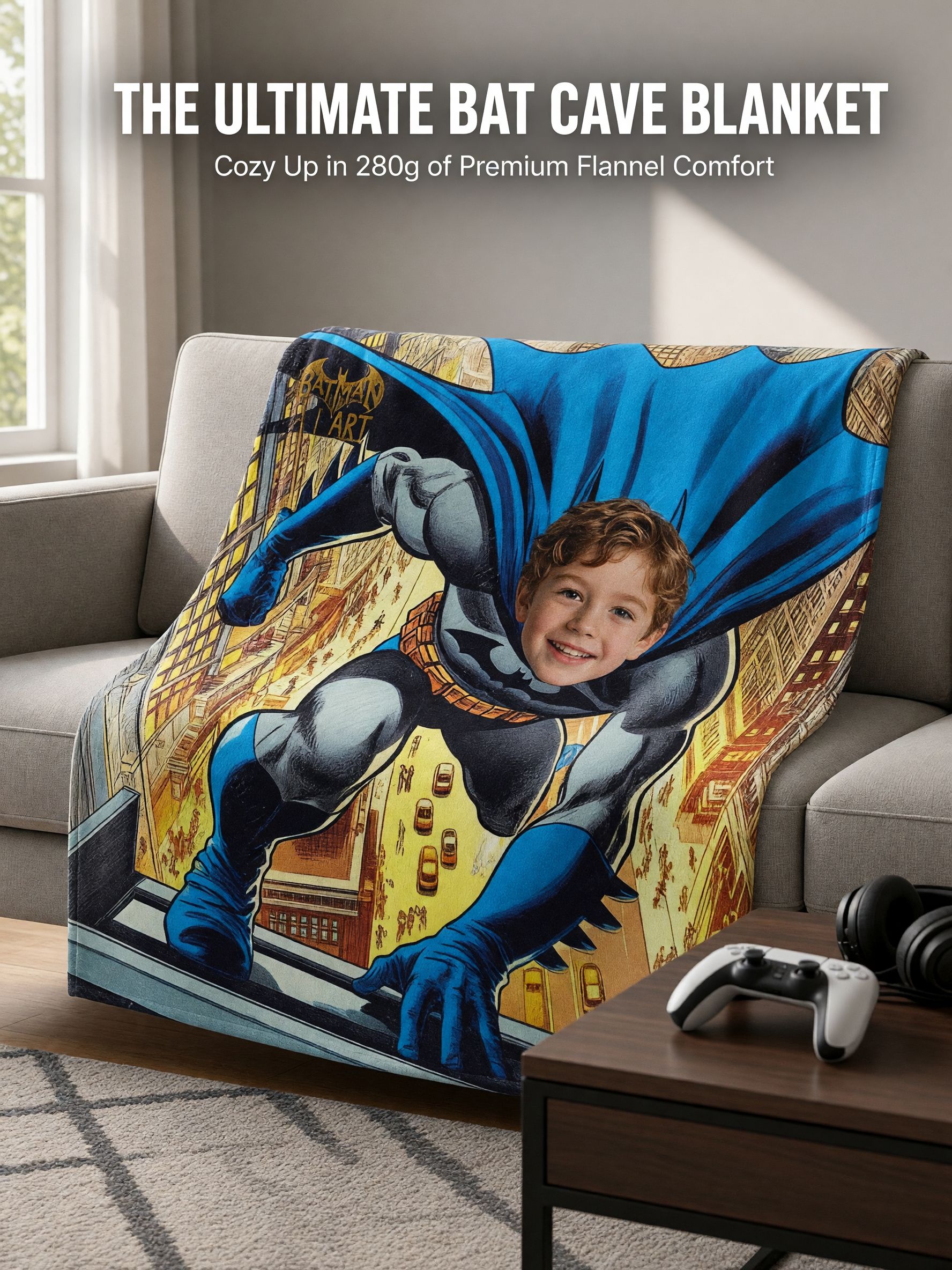 Custom Face Superhero Flannel Blanket, Personalized Comic Hero Photo Throw, Cozy Soft Keepsake Gift for Bed and Couch