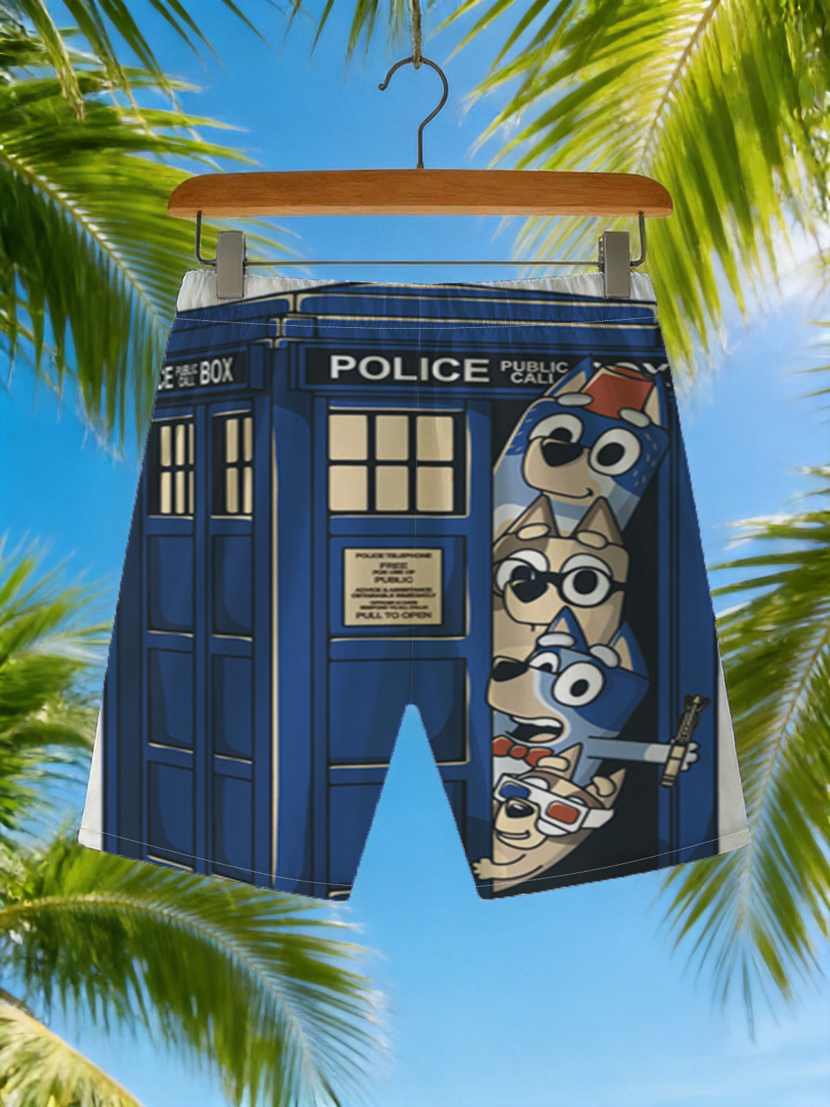 Bluey and Family in the TARDIS: A Whimsical Time Travel Adventure -  Beach shorts