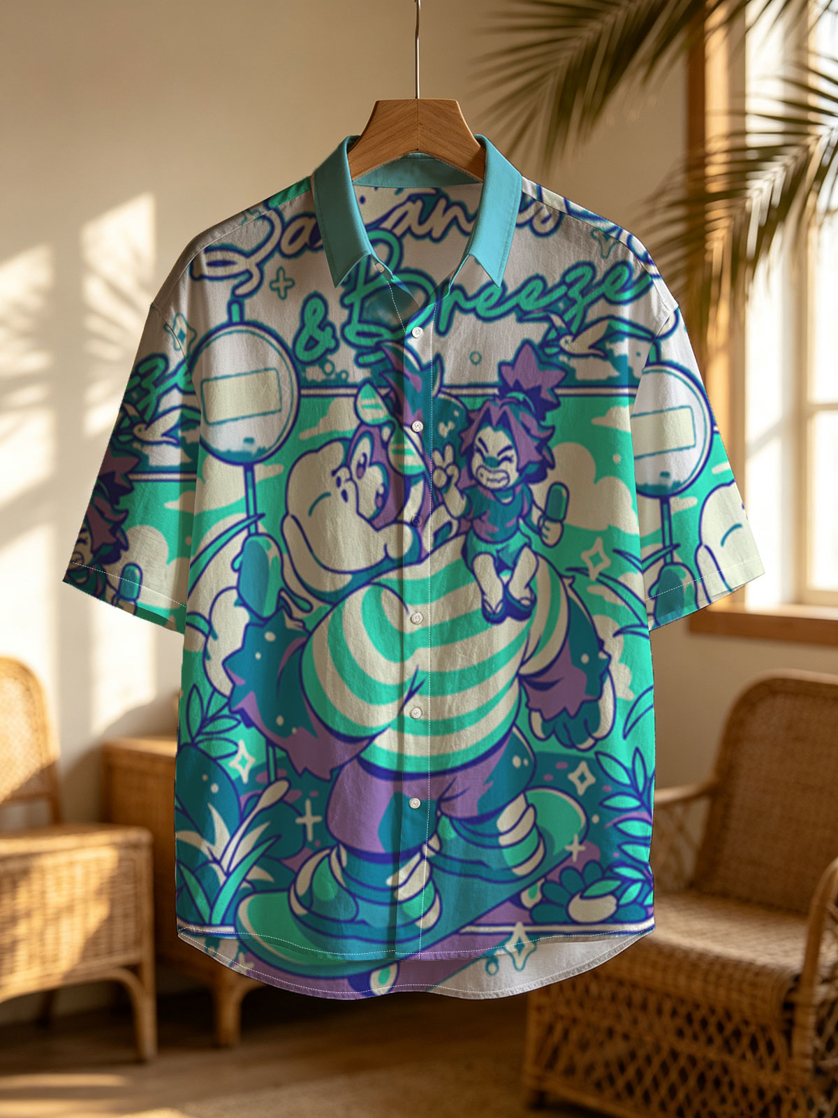 Bananas & Breeze: A whimsical adventure with a striped giant and a playful rider in a vibrant, magical landscape. -  Shirt