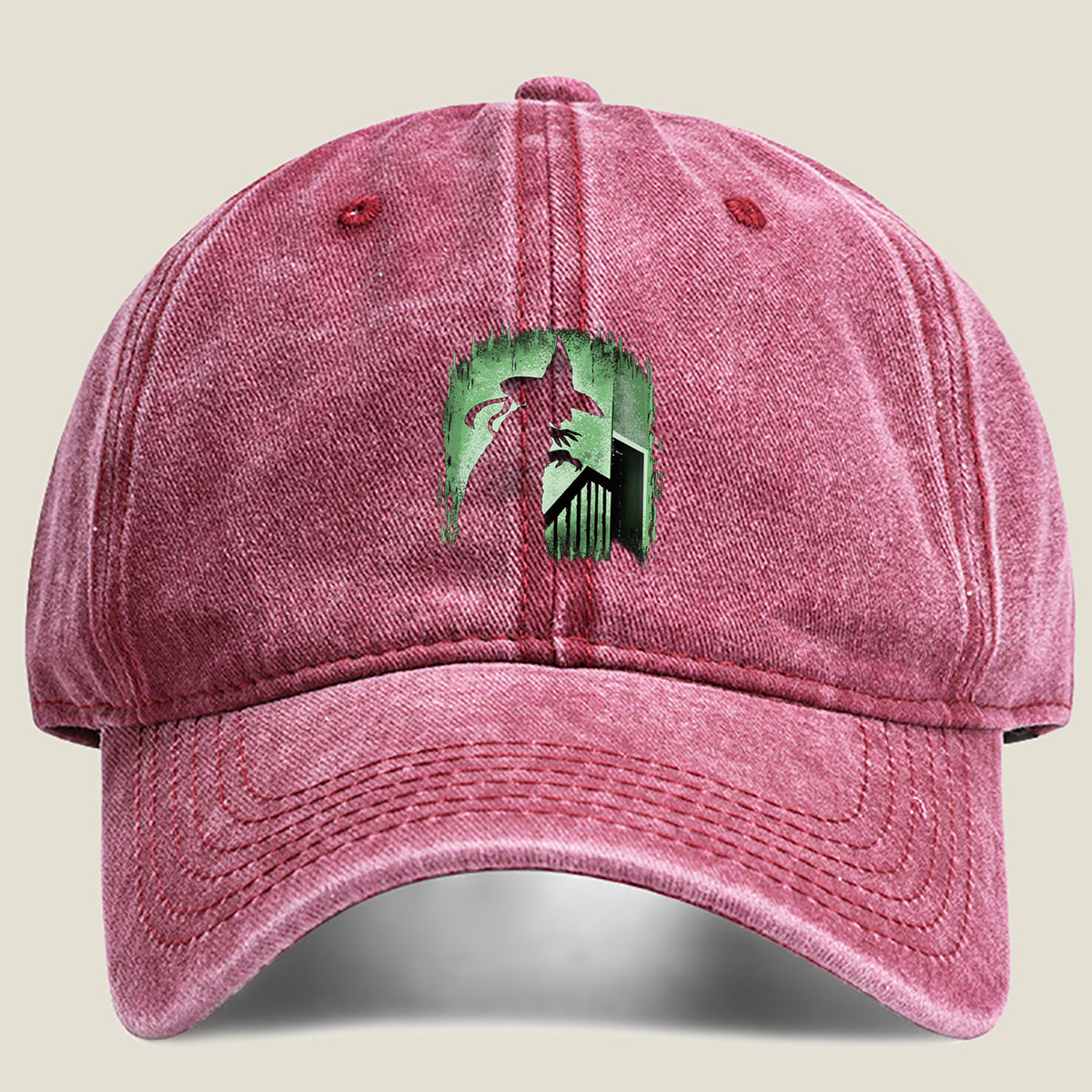Witch Silhouette in Green Glow - Washed Denim - Baseball Cap