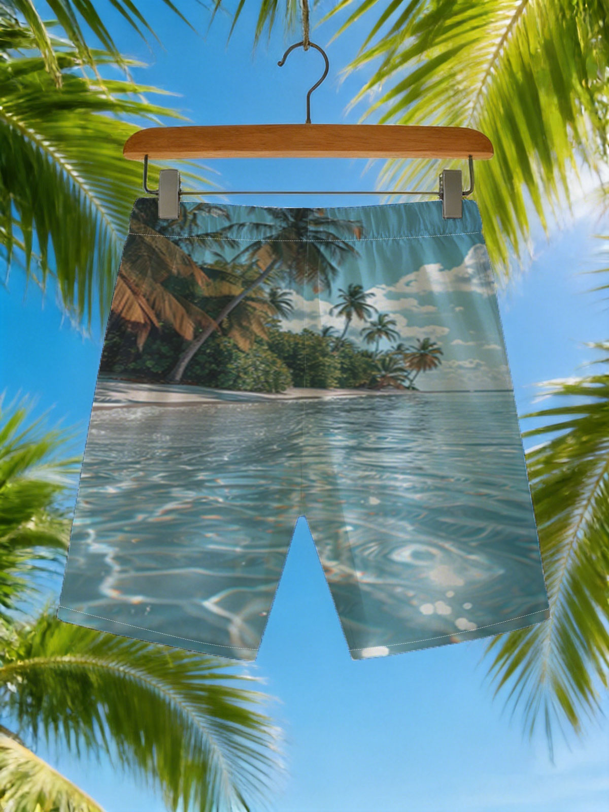 Crystal-clear waters lap against a serene tropical beach lined with swaying palm trees under a bright blue sky. -  Beach shorts