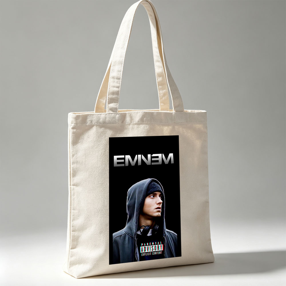 Eminem in Hoodie with Parental Advisory Label on Black Background - Canvas tote bags