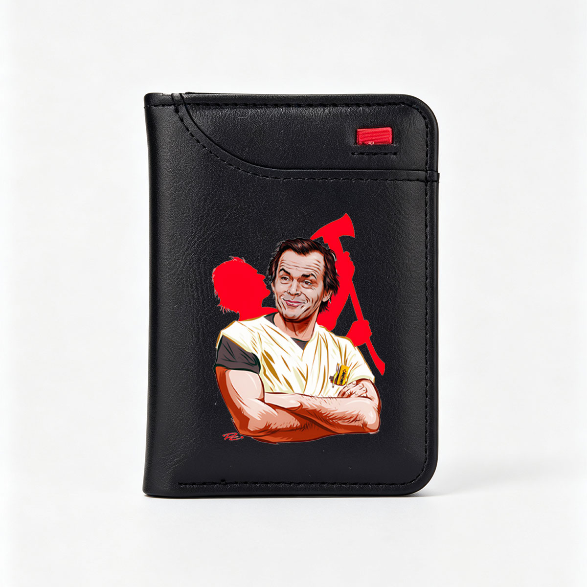 Jack Nicholson as the Joker, iconic villain from Batman, depicted in a stylized caricature with a menacing grin and chaotic red background. - Vertical Style Wallet