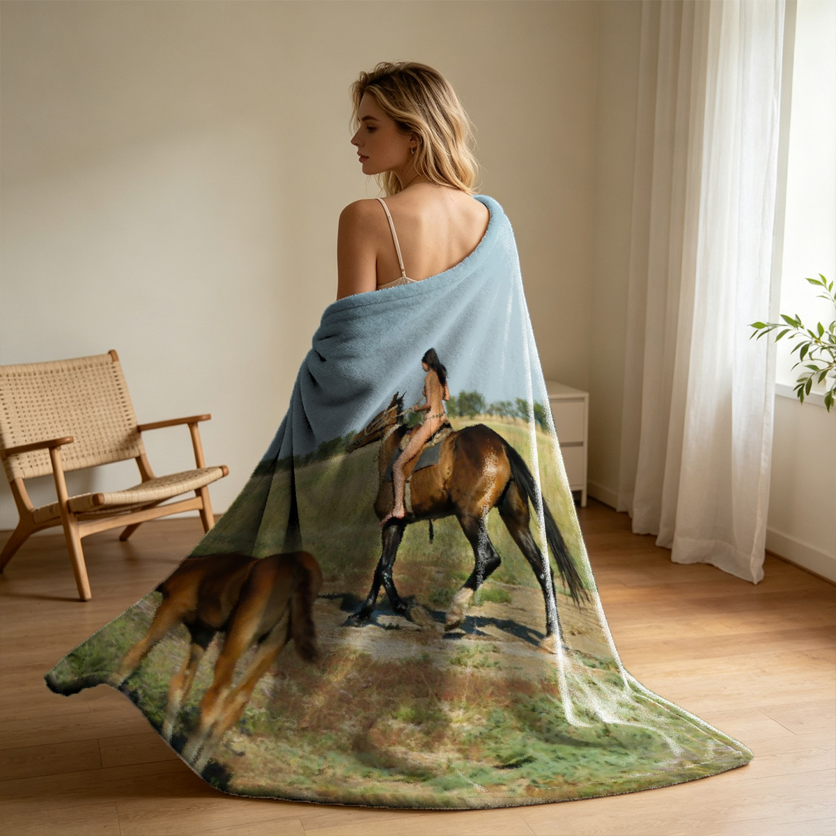 Blonde woman sticking out tongue and licking finger seductively, topless in dim lighting. - Blanket