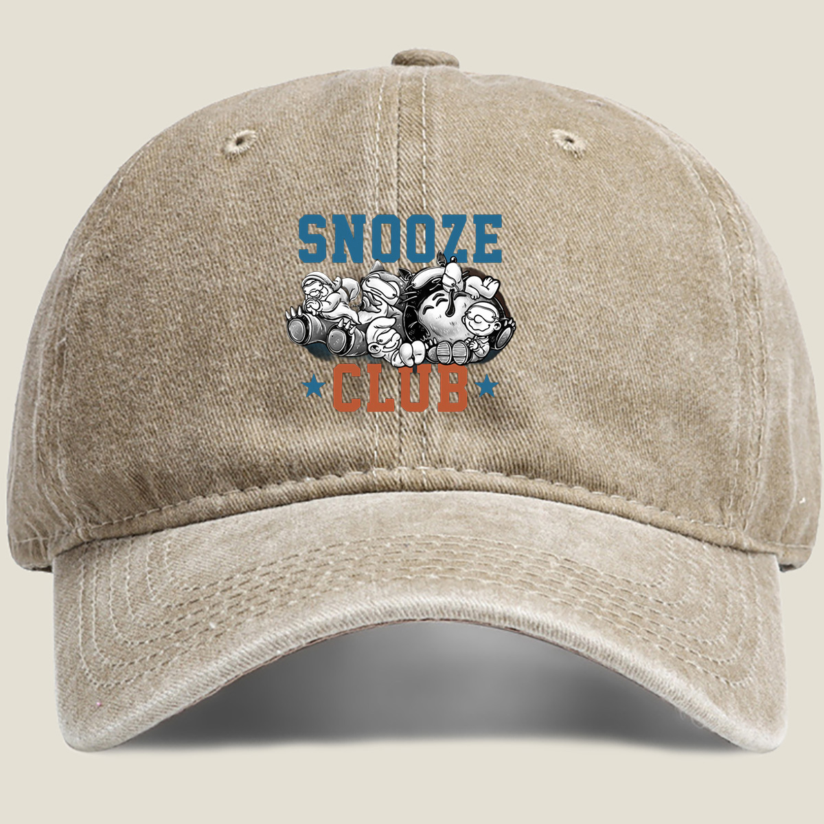 Snooze Club: Mickey, Minnie, Donald, Goofy, and Pluto Sleeping Together - Washed Denim - Baseball Cap