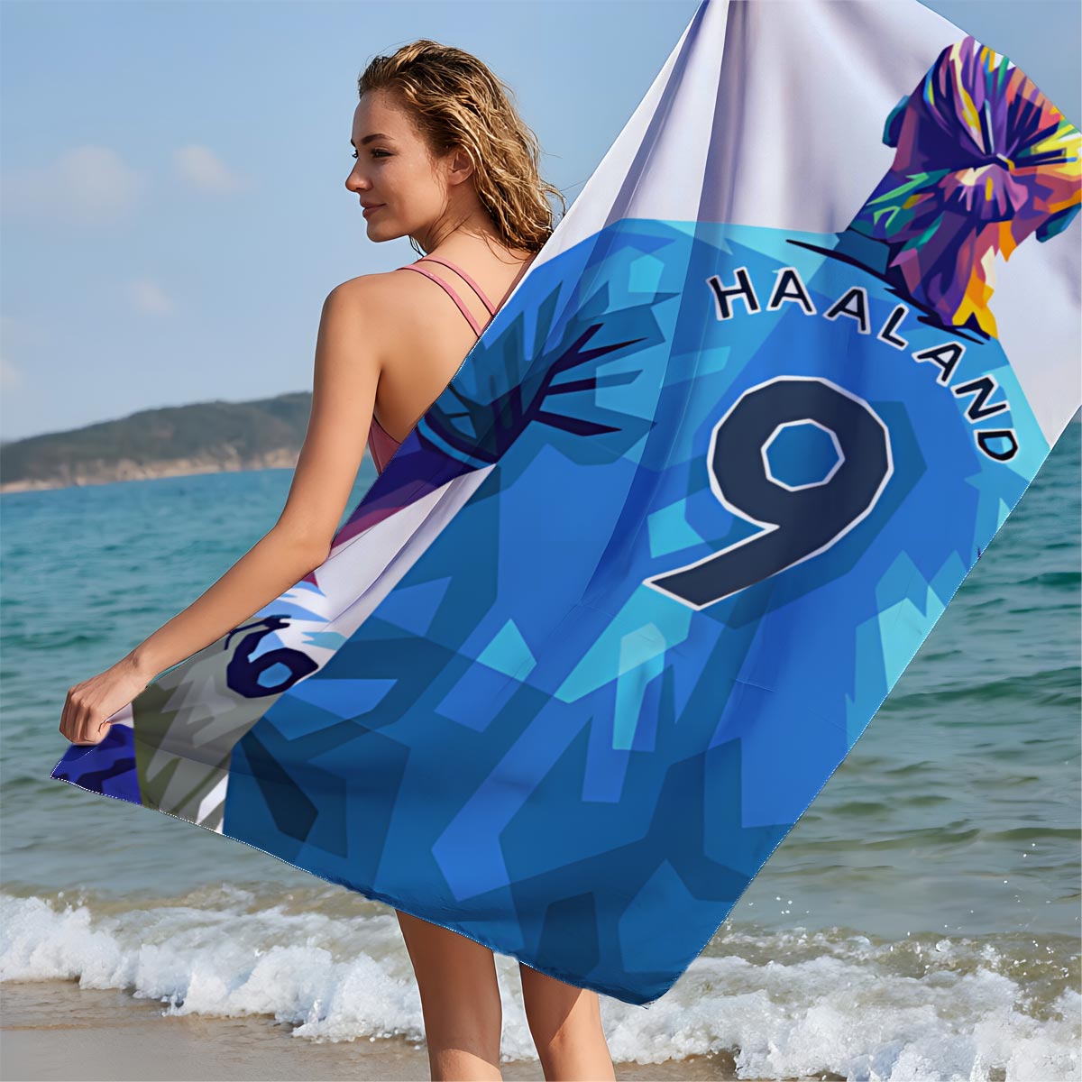 Haaland in Blue Jersey, Number 9, Sitting Back View - Beach towels