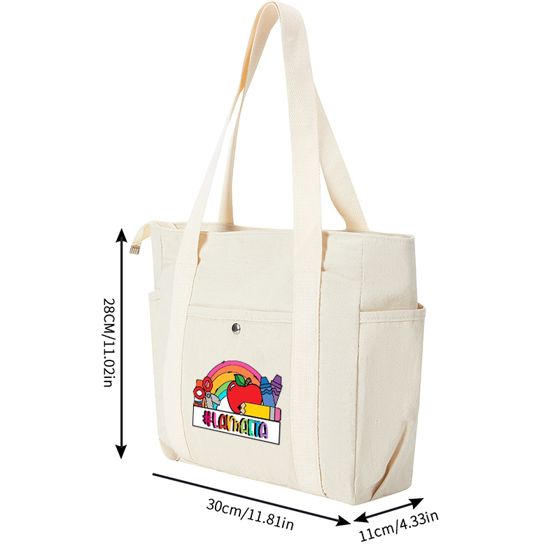 Multi Pocket Bag Cream White with Rainbow Apple Crayon Scissors Print #LAMACETA Design - Perfect for School, Art Supplies Storage, and Daily Use - Ideal for Students, Teachers, and Creative Professionals