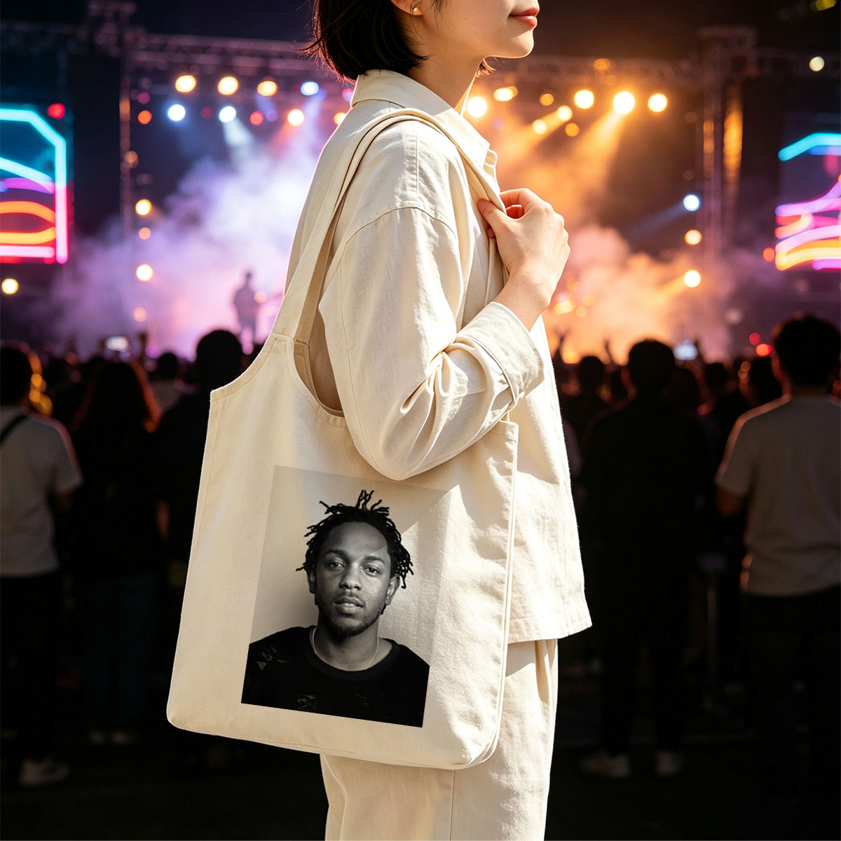 Kendrick Lamar Portrait in Black and White with Dreads and Neutral Expression - Canvas shoulder bags/