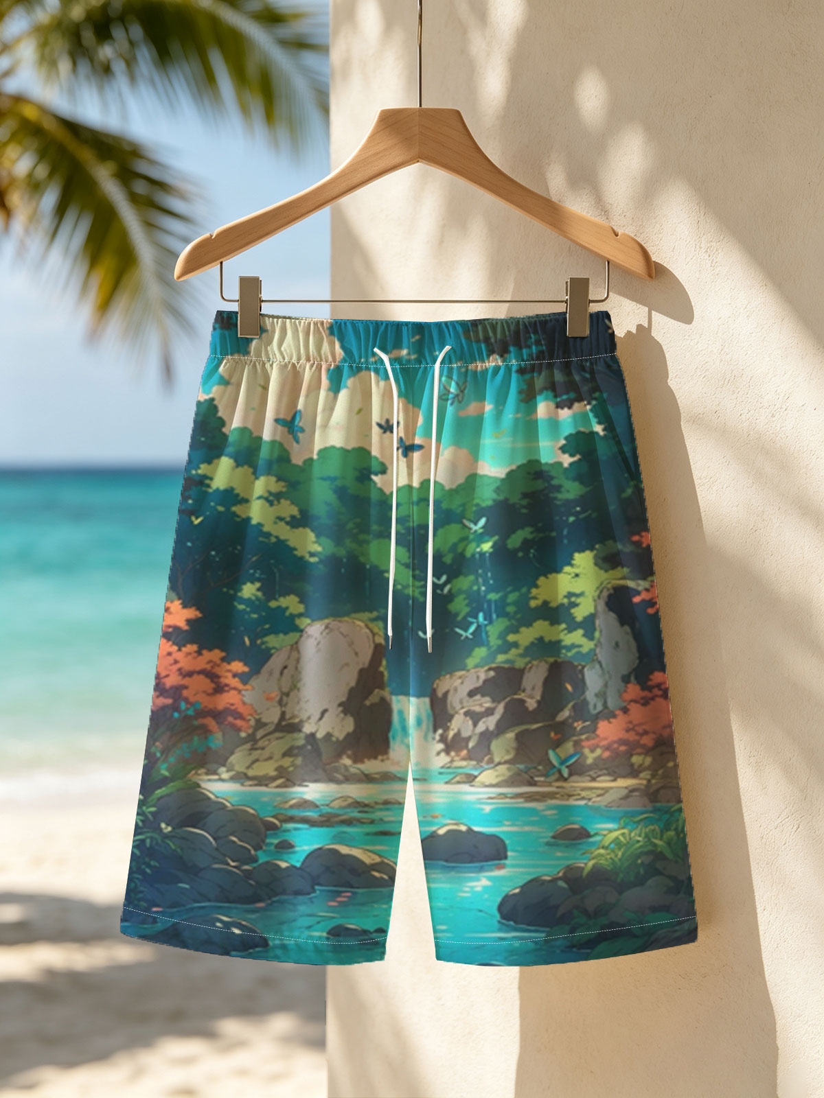 Serene Forest Stream with Waterfall and Butterflies -  Beach shorts