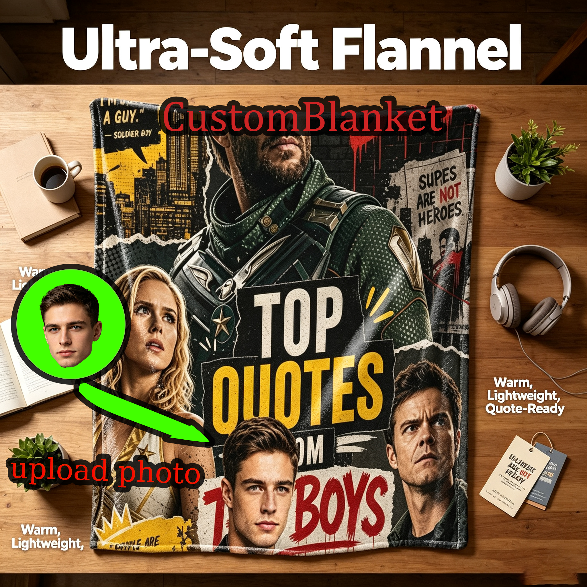 Custom Face Blanket The Boys TV Show Flannel Blanket Featuring Homelander Starlight Hughie and Soldier Boy Perfect for Fans as a Cozy Gift or Birthday Present