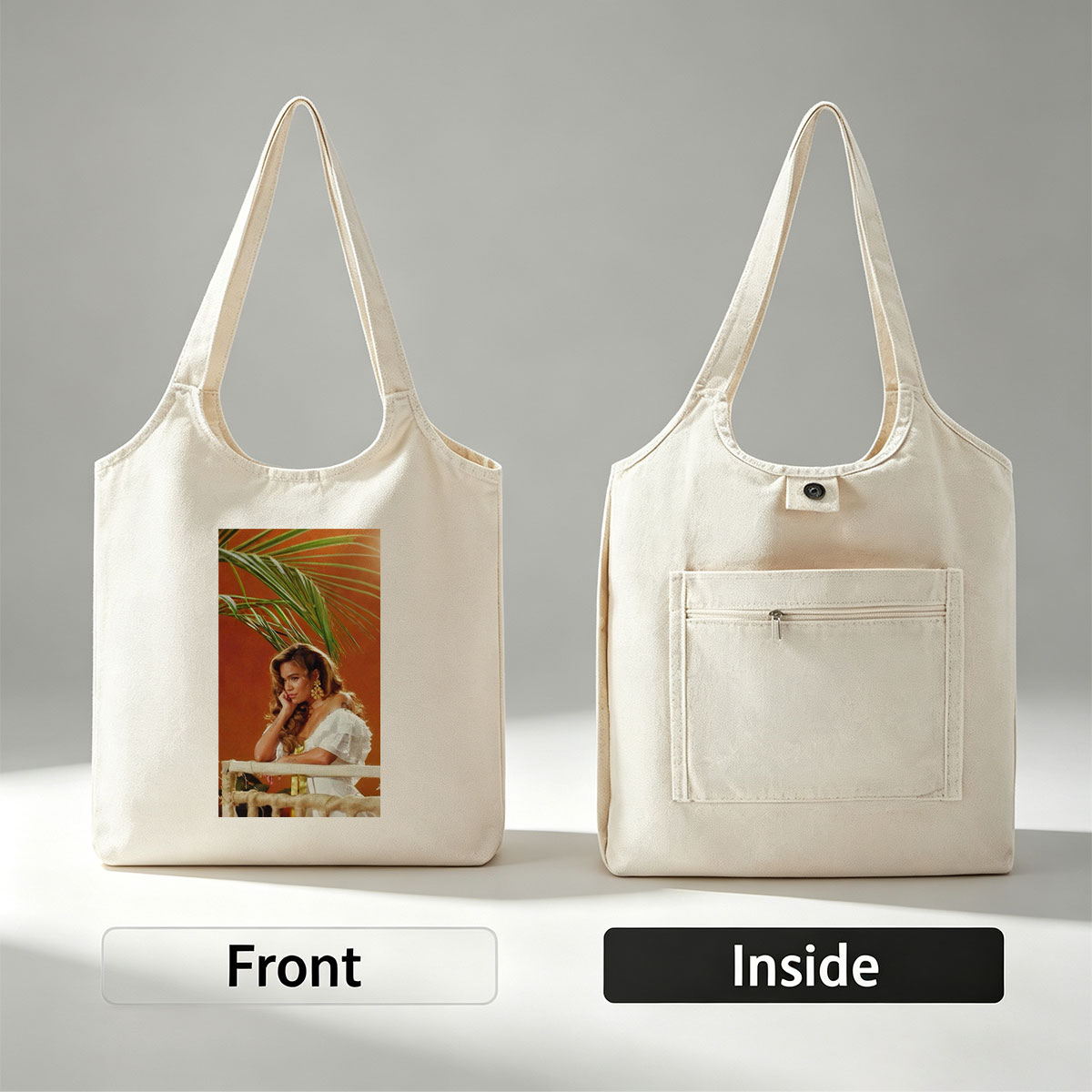 Maren Morris in a Tropical Scene Wearing a White Ruffled Dress with Palm Leaves in the Background - Canvas shoulder bags/
