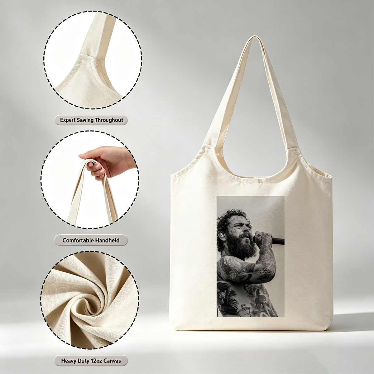 Post Malone Performing on Stage with Tattooed Arms and Beard in Black and White Photo - Canvas shoulder bags/