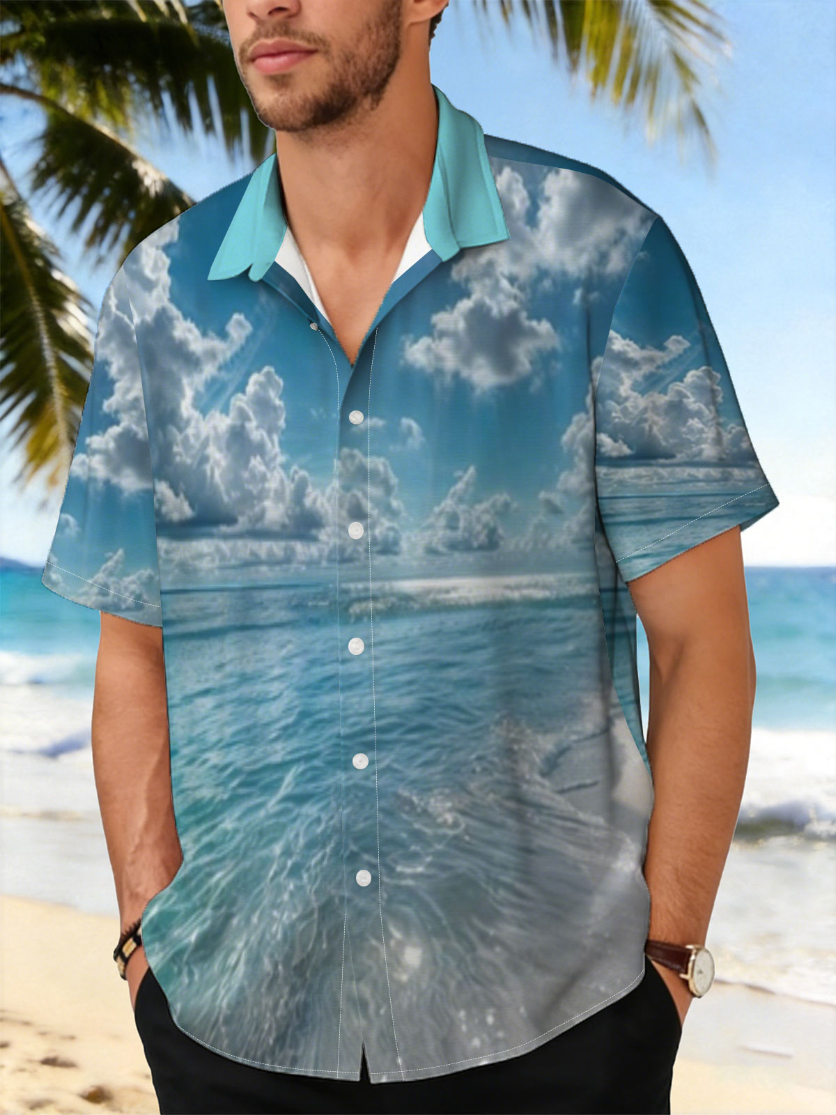 Sunlit Beach with Crystal Clear Waters and Fluffy Clouds -  Shirt