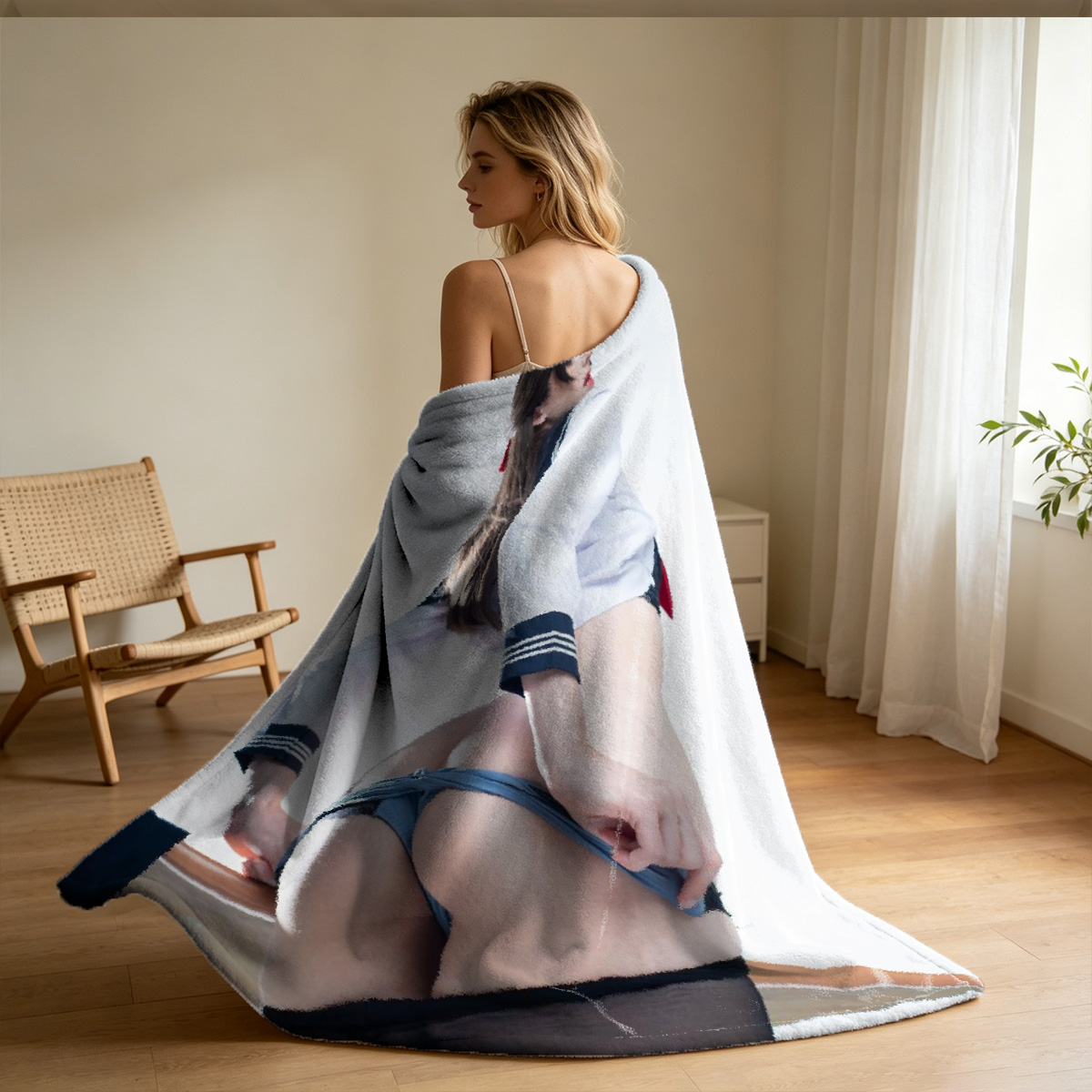 Nude Woman Sitting on Beach Towel - Blanket