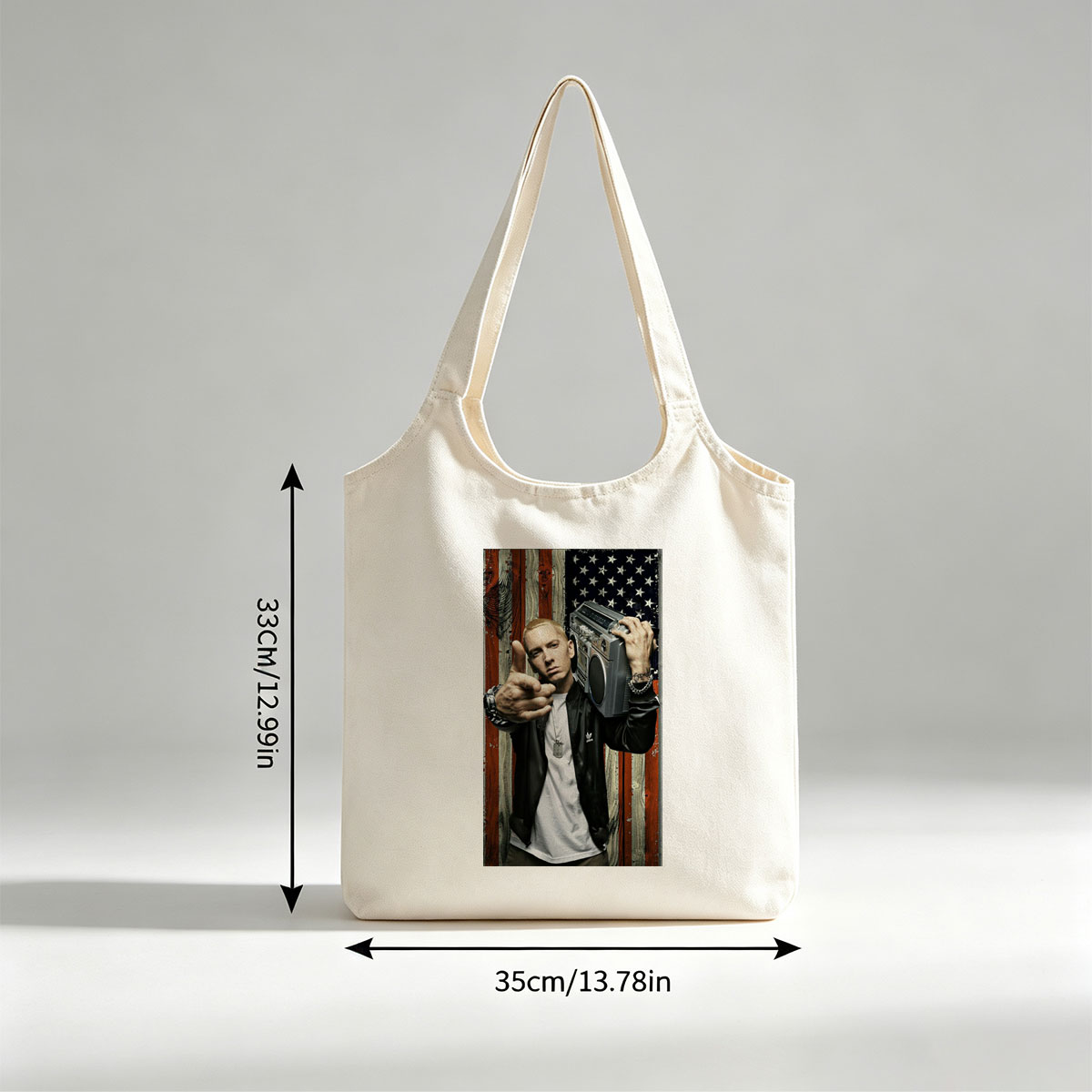 Eminem Holding Boombox Pointing at Camera Against American Flag Background - Canvas shoulder bags/