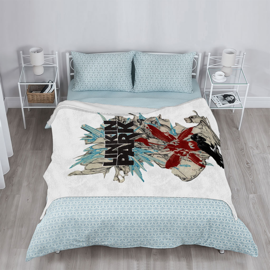 Linkin Park Band Artwork Featuring Abstract Design with Red and Blue Elements and a Figure in Contemplation - Blankets