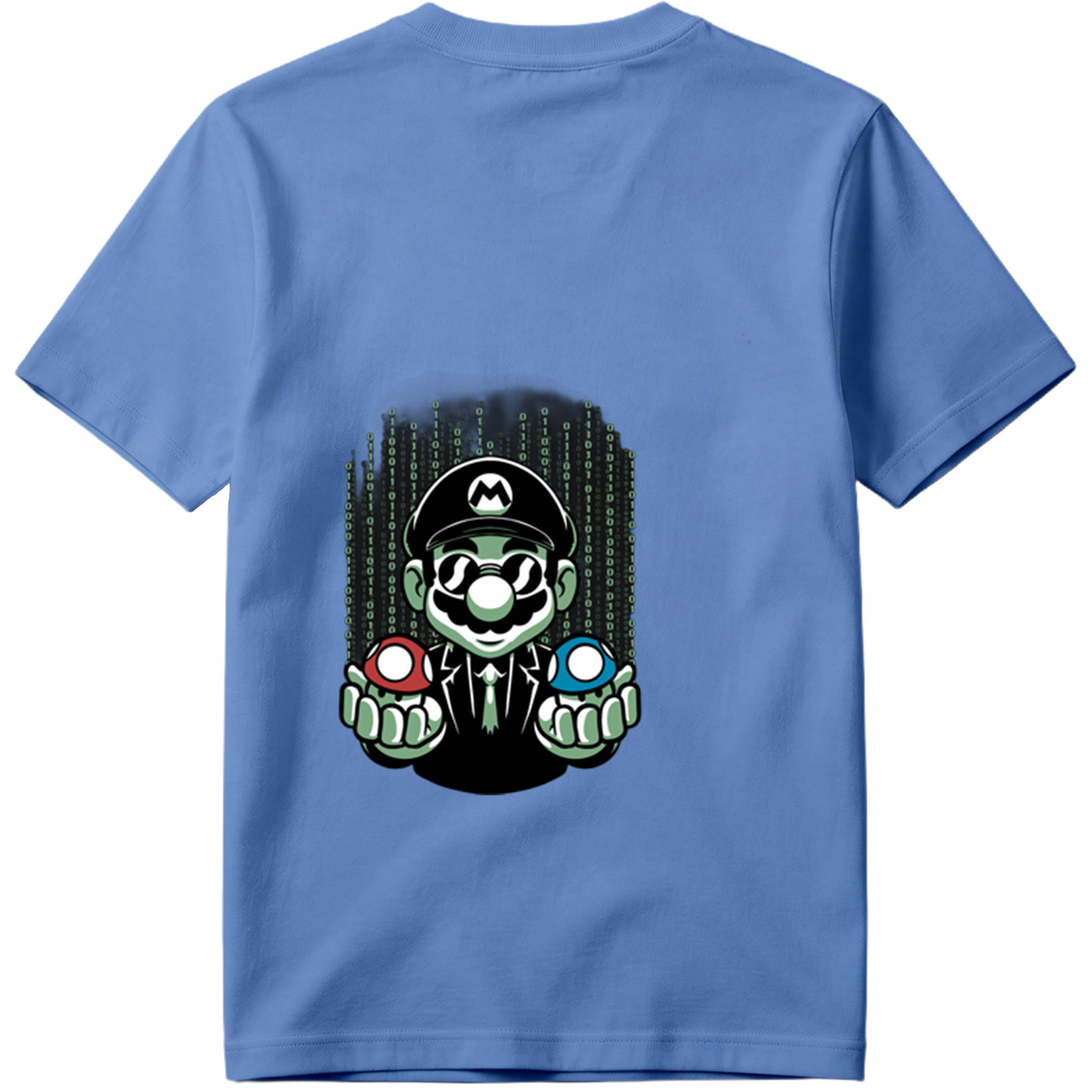 Mario in Matrix Code with Red and Blue Mushrooms - Tee
