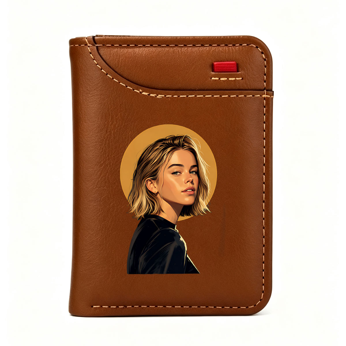 Portrait of a blonde woman with a golden halo, wearing a black outfit, set against a dark background. - Vertical Style Wallet