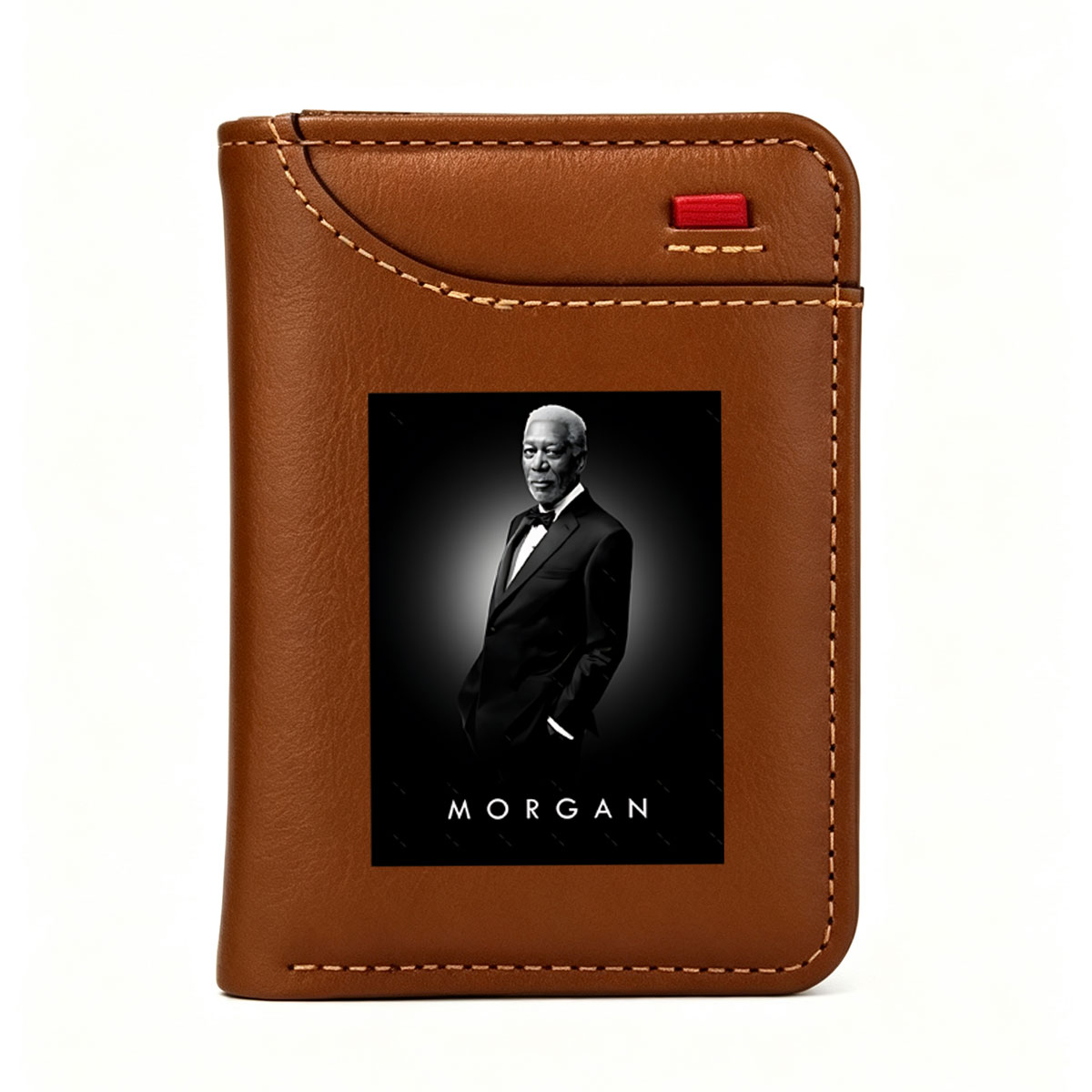 Morgan Freeman in a formal black suit, standing confidently against a dark background with the name 