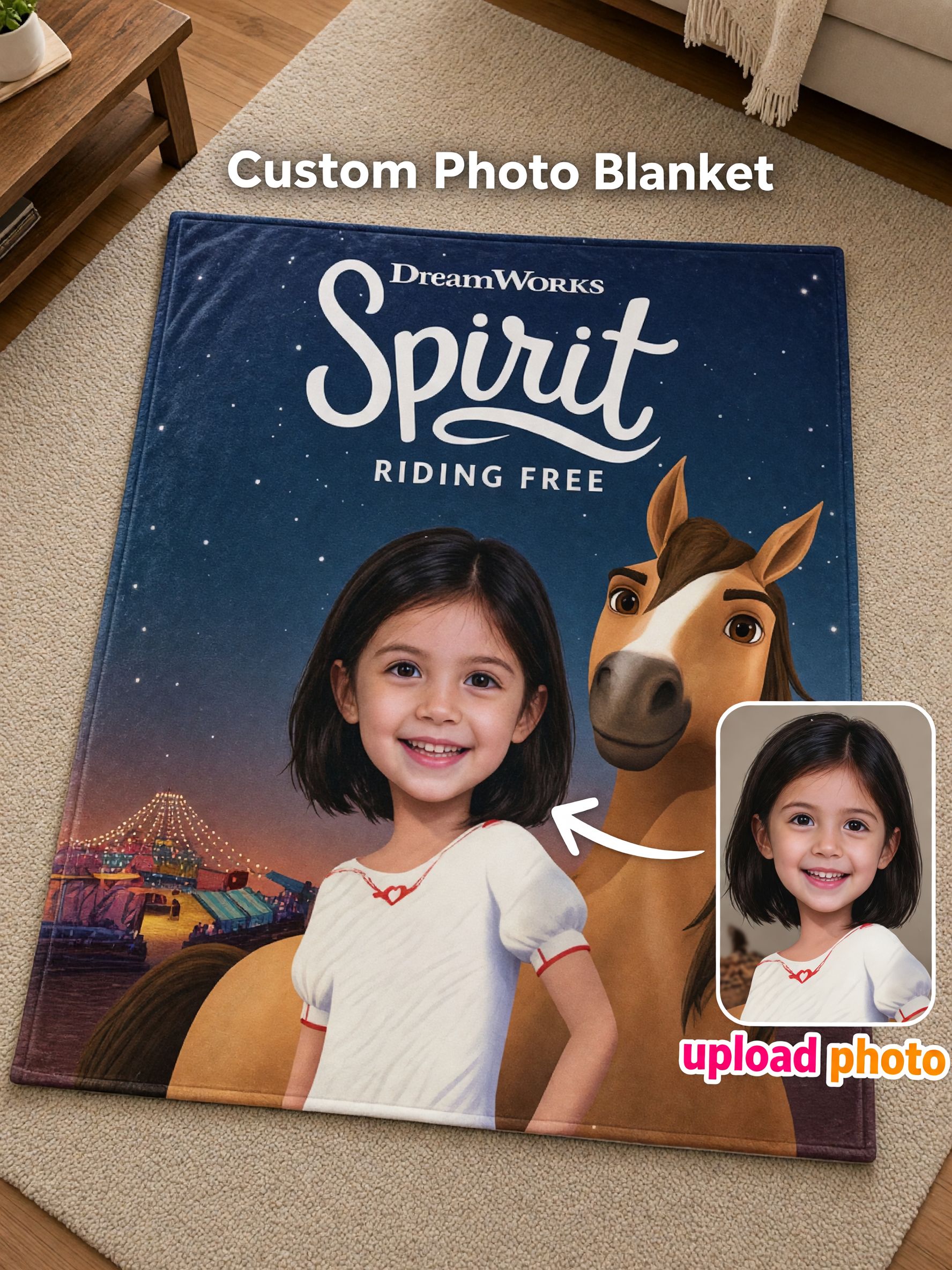 Custom Face Photo Flannel Blanket, Personalized Horse Theme Ultra Soft Fleece Throw, Ideal Cozy Gift for Kids